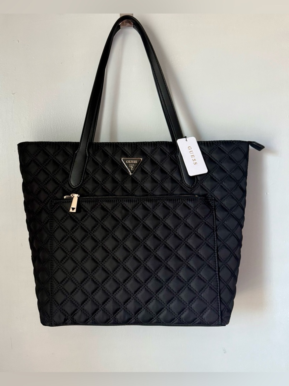 GUESS Black Quilted Tote with Front Zip Pocket
